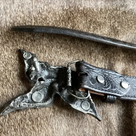 Vintage Bergamot Brass Works Pegasus Belt Buckle Tooled Black Leather Belt